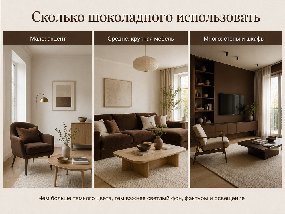 Универсального процента для шоколадного цвета нет. Его количество зависит от площади комнаты, высоты потолка, размера окон и выбранного оттенка.